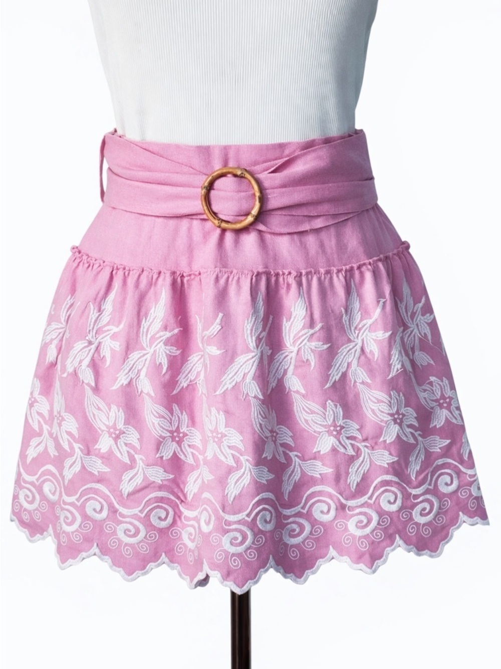 Place Nationale Embroidered Linen Mini Skirt Pink White Floral Belted Size 2 NWT